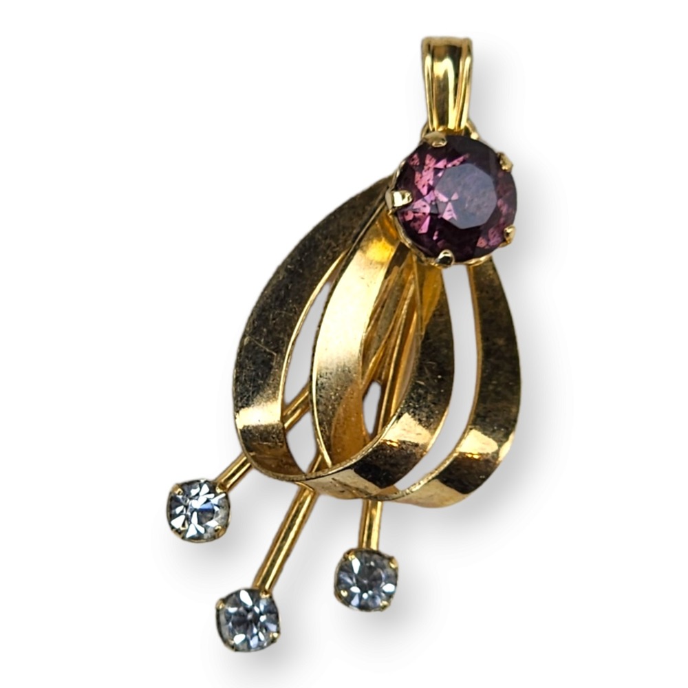 Van Dell Pendant 12KT Gold Filled Purple Vintage Rhinestone Ribbon Charm